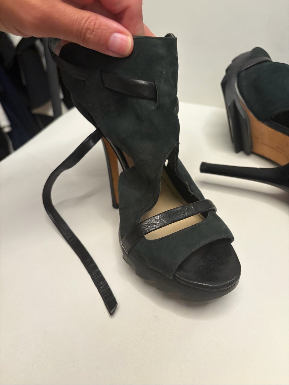 Women's Dark Green Suede High Heel Lace-Up Sandals